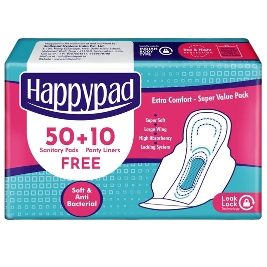 Happypad Sanitary Pads for Women XL 50 Pads + 10 Panty Liners Combo Pack, Side Leakage Protection Up to 12 Hrs